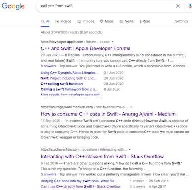 Google search for swift caling C++