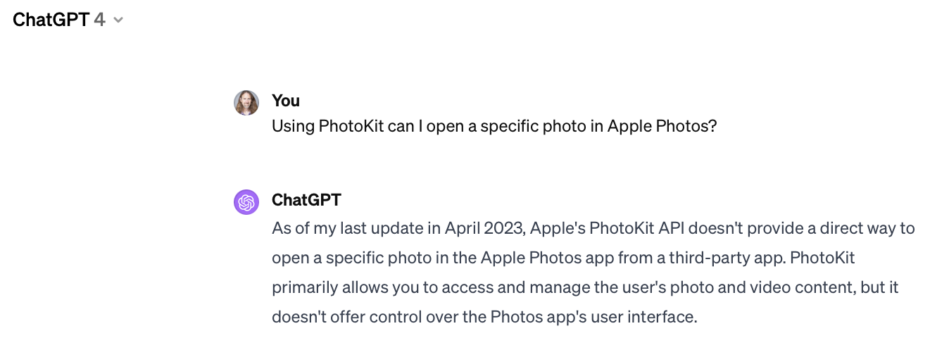 Using ChatGPT 4 to ask “Using PhotoKit can I open a specific photo in Apple Photos?”
